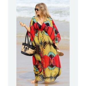 Mara Hoffman Printed Colorful Fringe Beaded Accent Kaftan Swim Cover Up Fergie